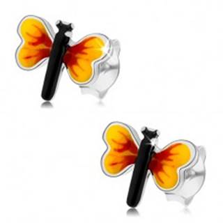Strieborné 925 náušnice, malý motýlik, žlto-červené krídla, puzetky