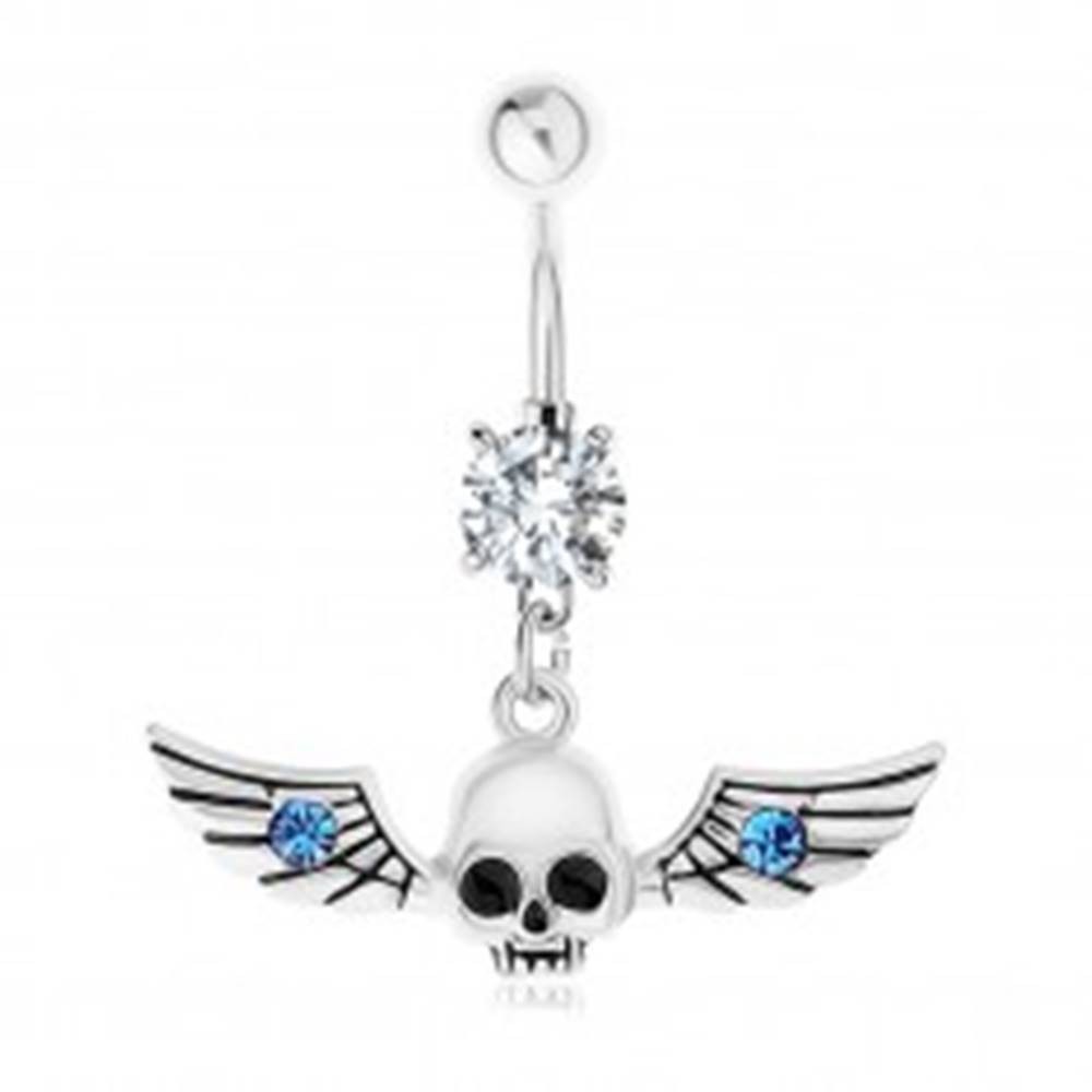 Šperky eshop Piercing do brucha, oceľ 316L, lebka s krídlami, modré zirkóniky