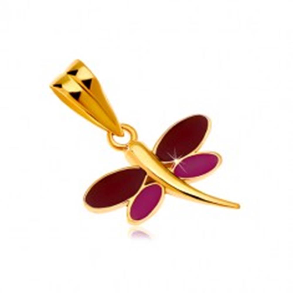 Šperky eshop Prívesok v žltom 14K zlate - vážka s bordovou a fialovou glazúrou na krídlach