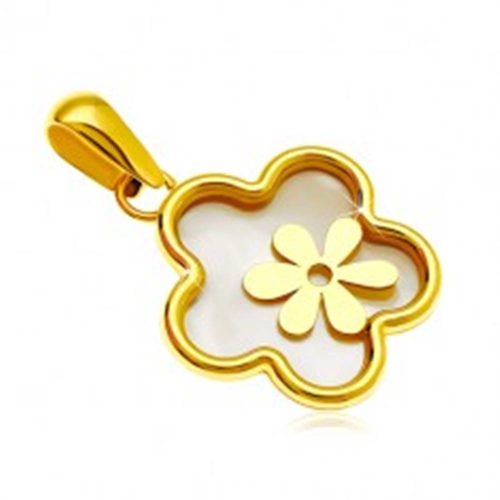 Šperky eshop Prívesok zo žltého 14K zlata - kvet s výplňou z perlete a menším kvietkom
