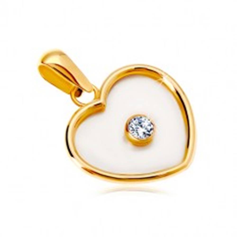Šperky eshop Prívesok zo žltého 14K zlata - srdce s perleťou a čírym zirkónom v strede