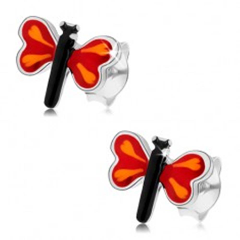 Šperky eshop Puzetové náušnice zo striebra 925, farebný malý motýľ, červené krídla