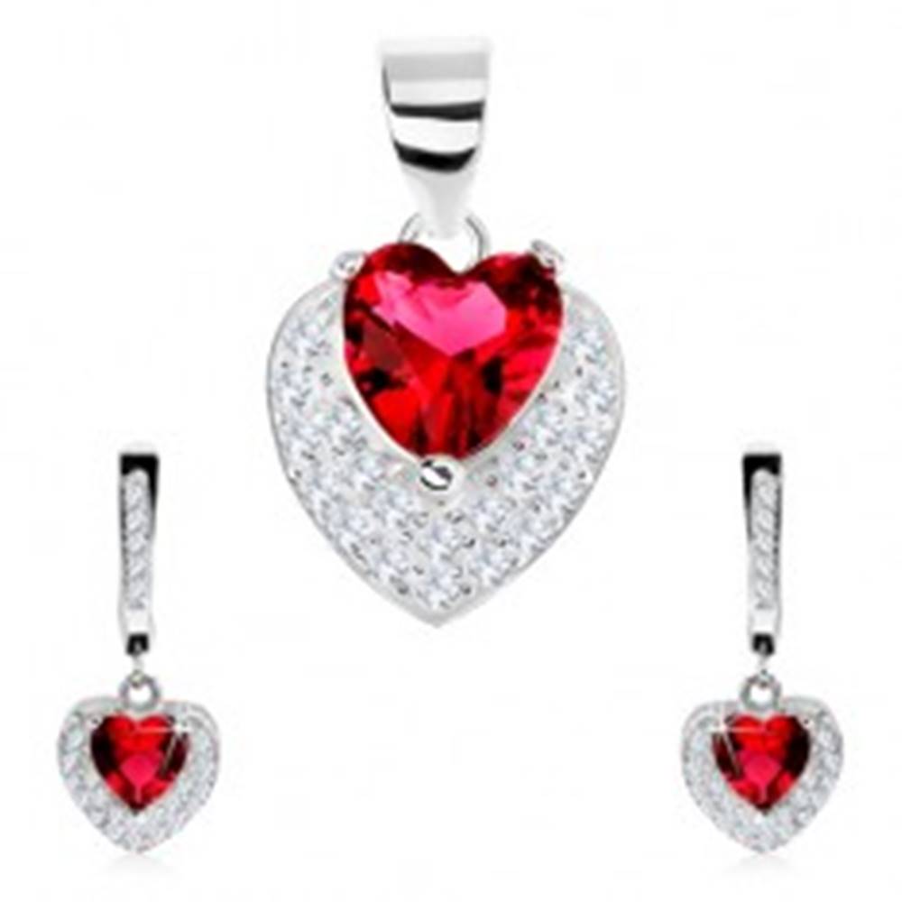 Šperky eshop Set zo striebra 925, náušnice, prívesok, červené zirkónové srdce, číre zirkóniky