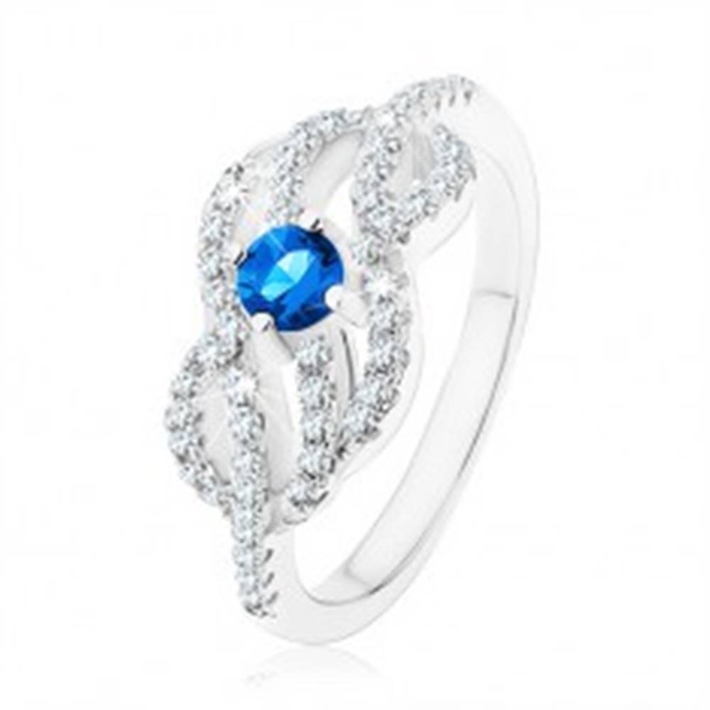 Šperky eshop Strieborný 925 prsteň, modrý zirkónik, prepletené zvlnené línie - Veľkosť: 49 mm