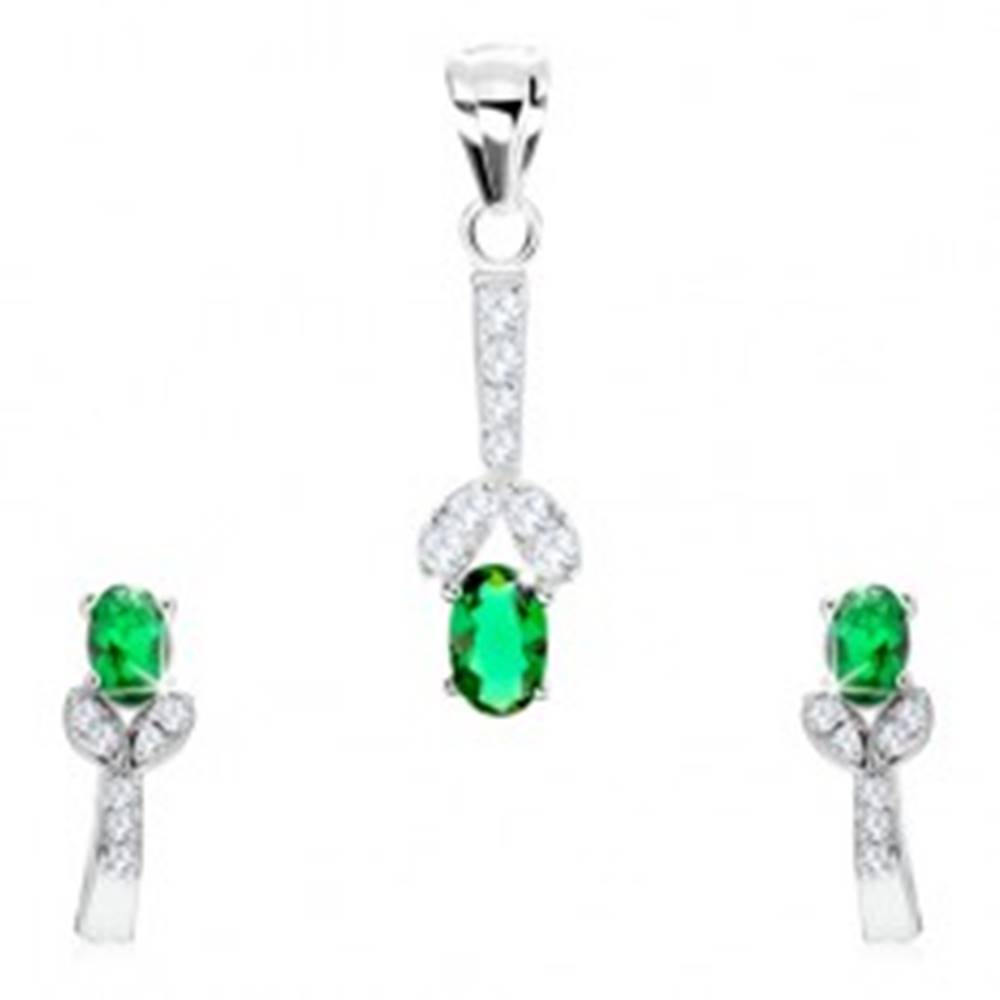 Šperky eshop Strieborný 925 set, náušnice, prívesok, zelený zirkón, rozdvojená línia