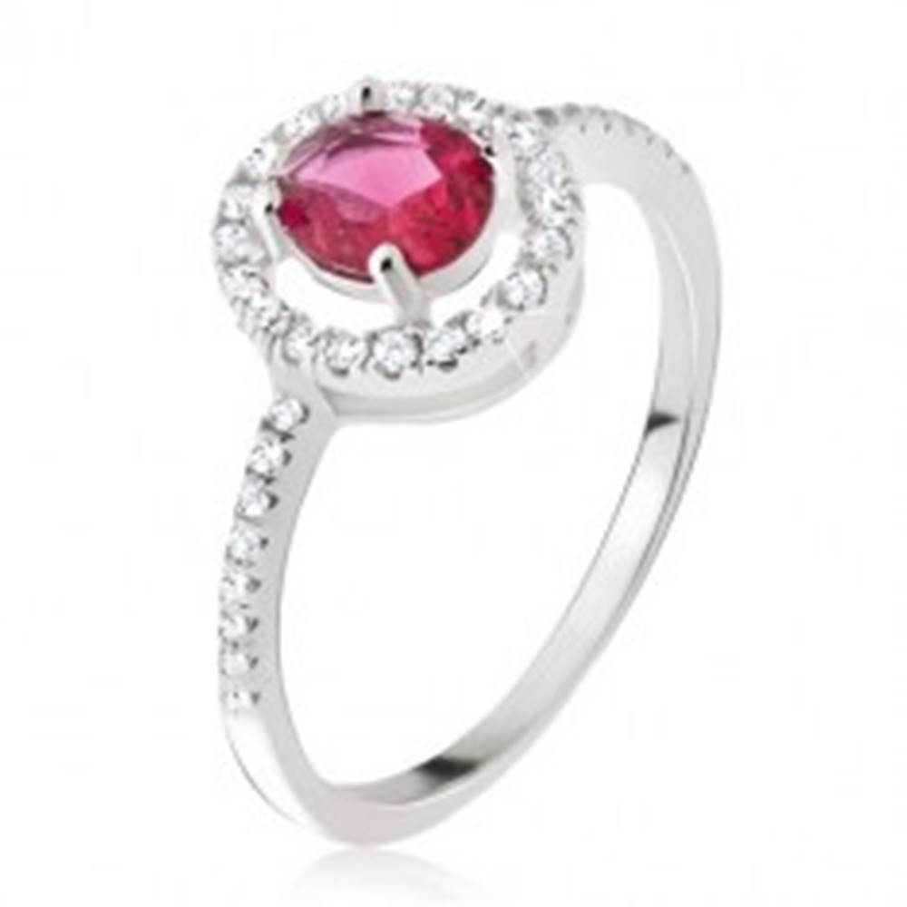 Šperky eshop Strieborný prsteň 925 - okrúhly ružovočervený zirkón, číra obruba - Veľkosť: 54 mm