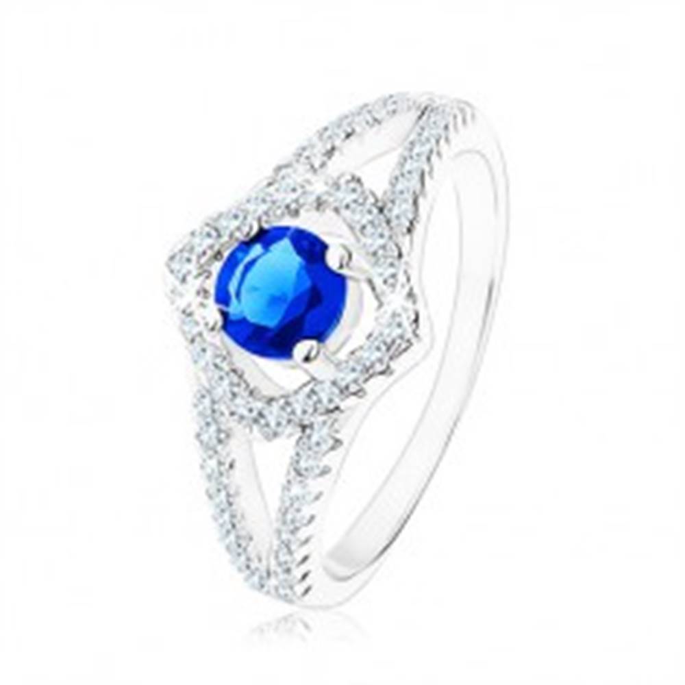 Šperky eshop Strieborný prsteň 925, rozdvojené ramená, obrys štvorca, modrý zirkón - Veľkosť: 49 mm