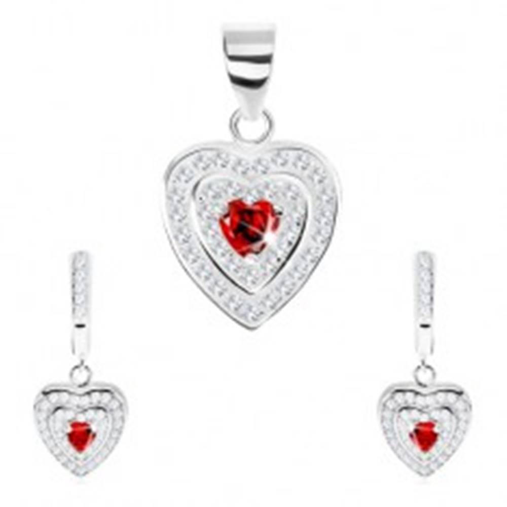 Šperky eshop Strieborný set 925, prívesok a náušnice, zirkónové srdce, dvojitý ligotavý lem