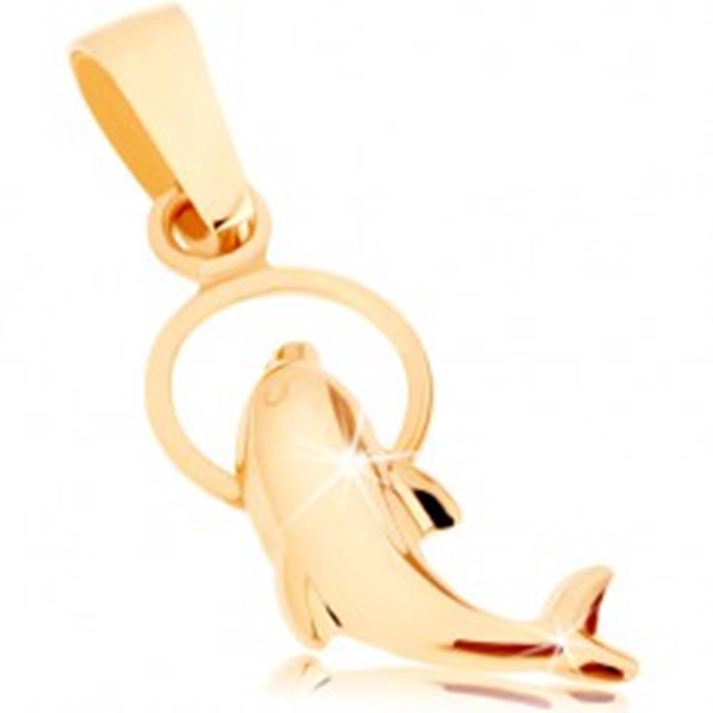 Šperky eshop Lesklý prívesok zo žltého 9K zlata - delfín preskakujúci cez obruč