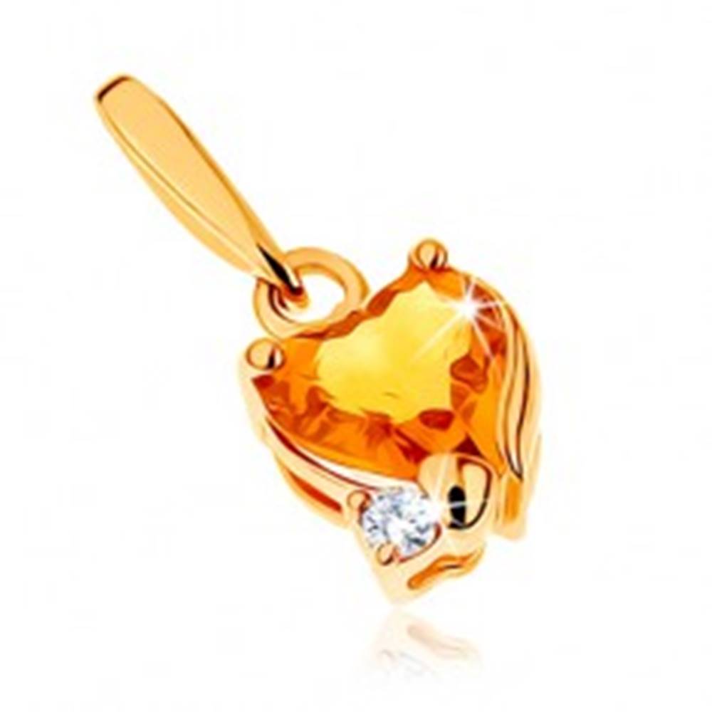 Šperky eshop Ligotavý prívesok v žltom 14K zlate - srdiečkový citrín žltej farby, číry zirkónik