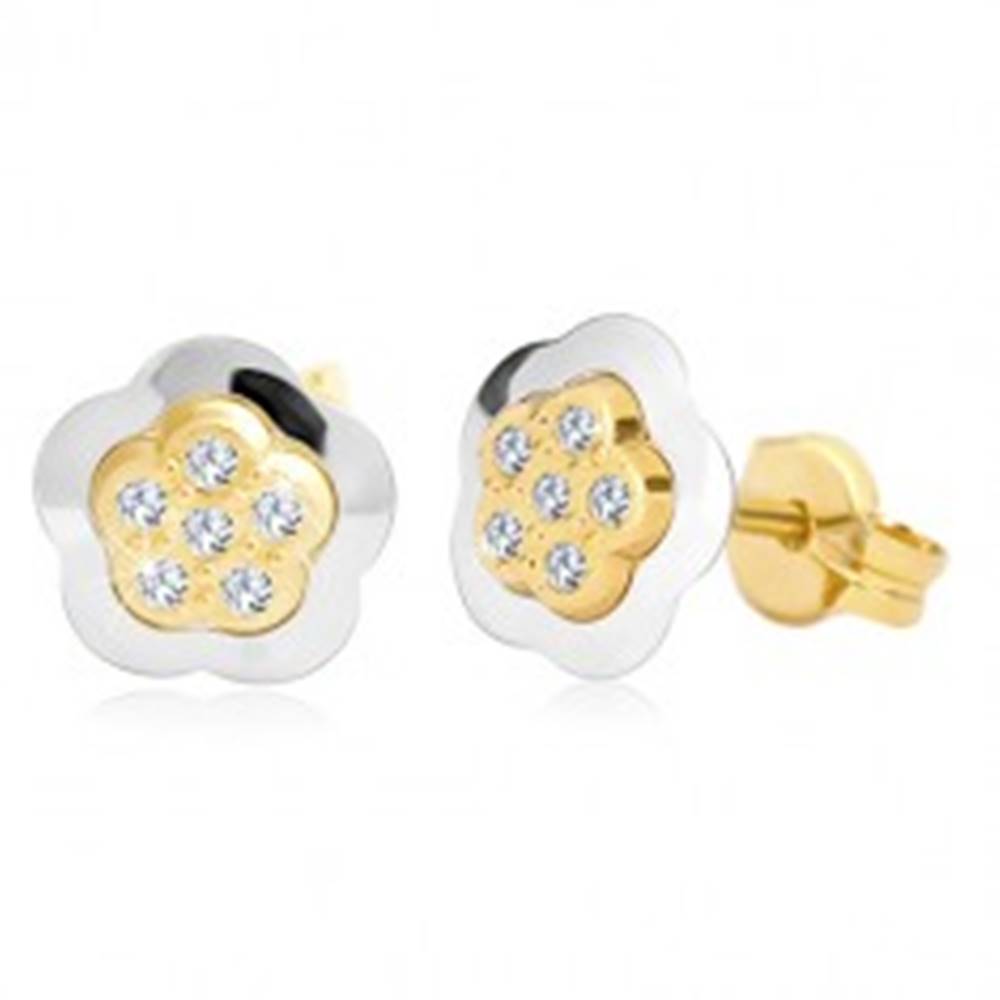 Šperky eshop Náušnice v 14K zlate - dvojfarebný kvet so vsadenými čírymi zirkónmi