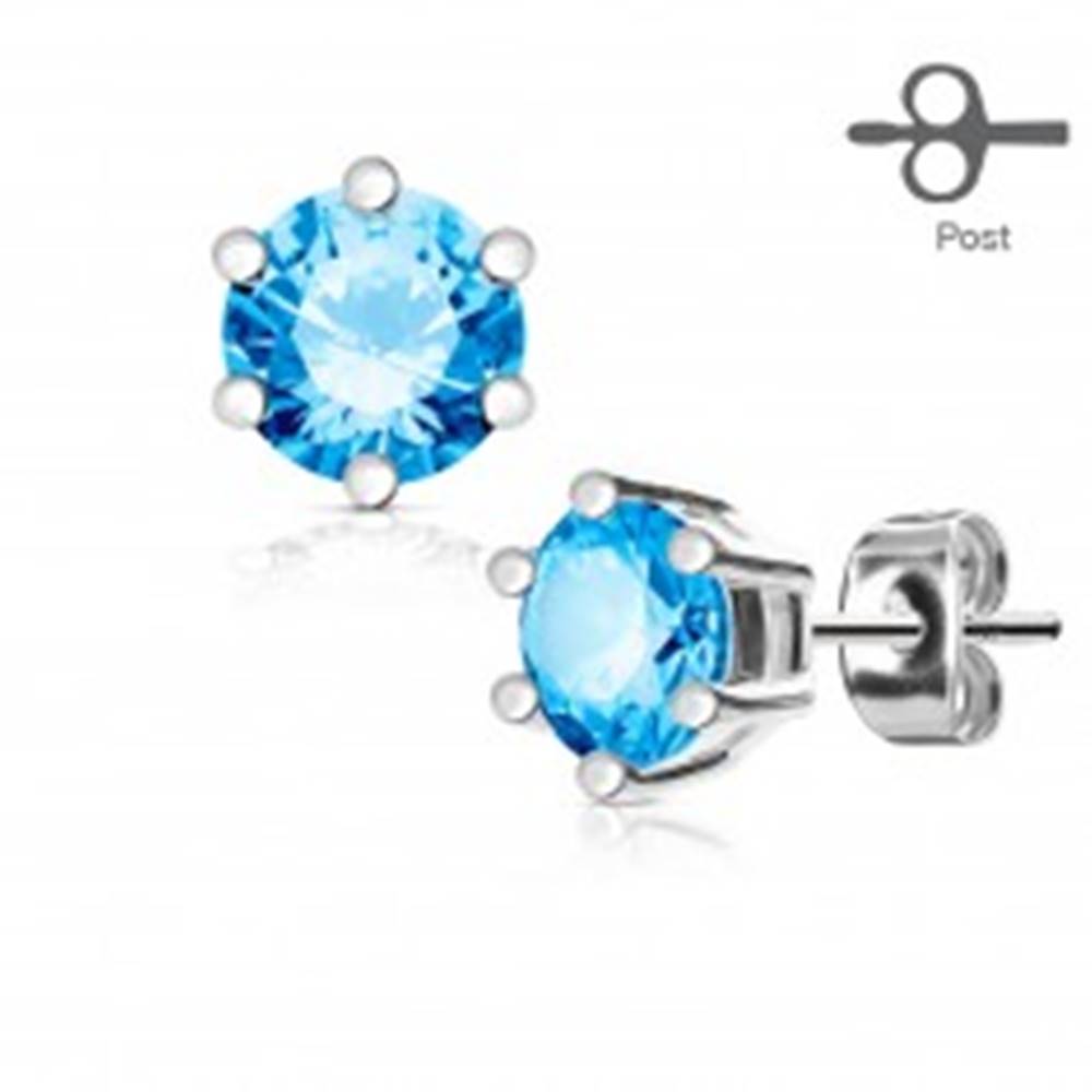 Šperky eshop Náušnice z ocele 316L striebornej farby, okrúhly modrý zirkón v kotlíku - Priemer: 3 mm