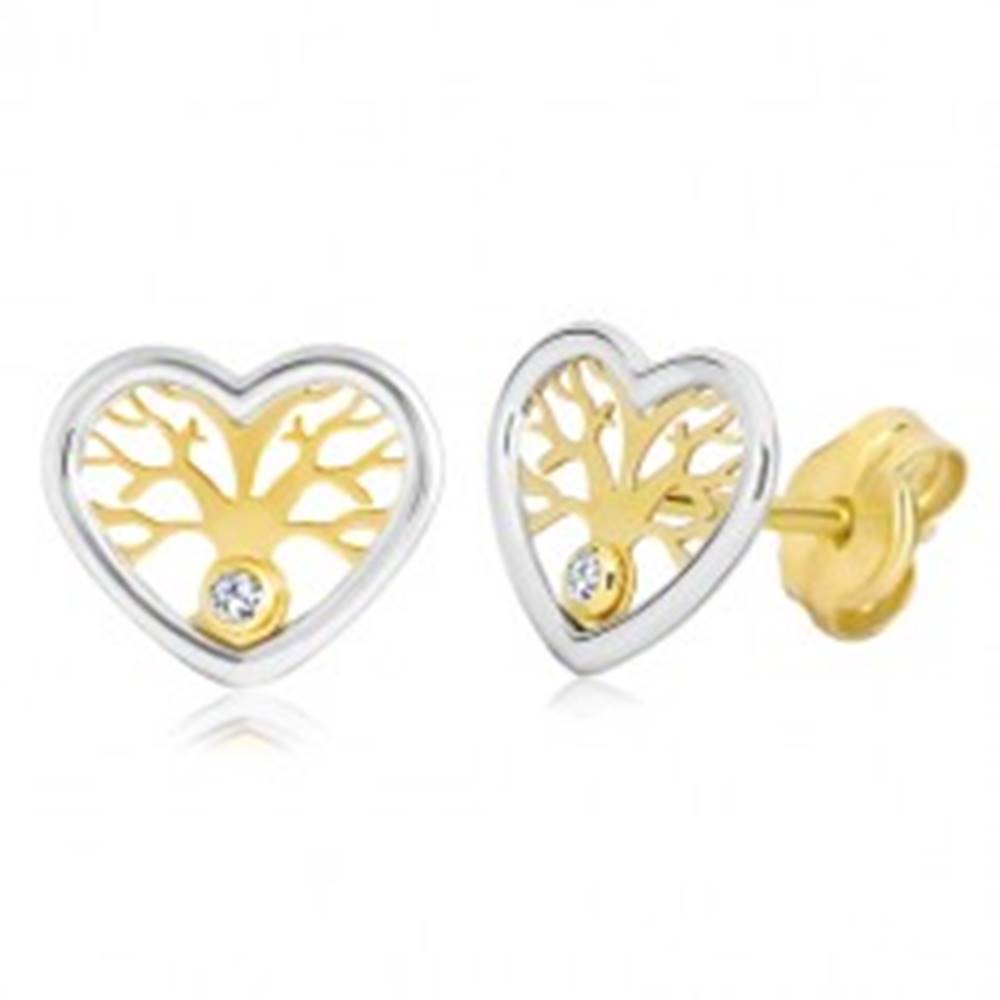 Šperky eshop Náušnice zo zlata 585 - dvojfarebné srdce so stromom života a zirkónom
