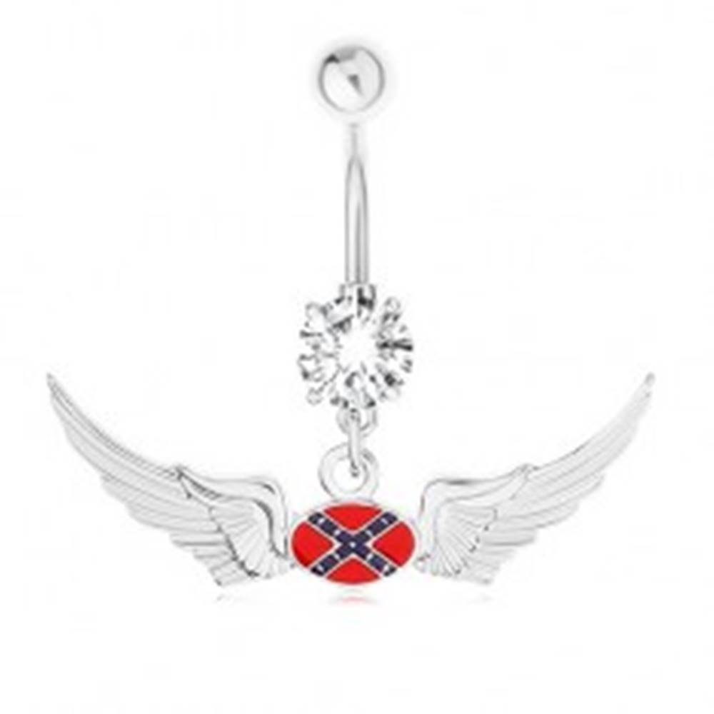 Šperky eshop Oceľový piercing do bruška, zirkón, motív vlajky Konfederácie, krídla