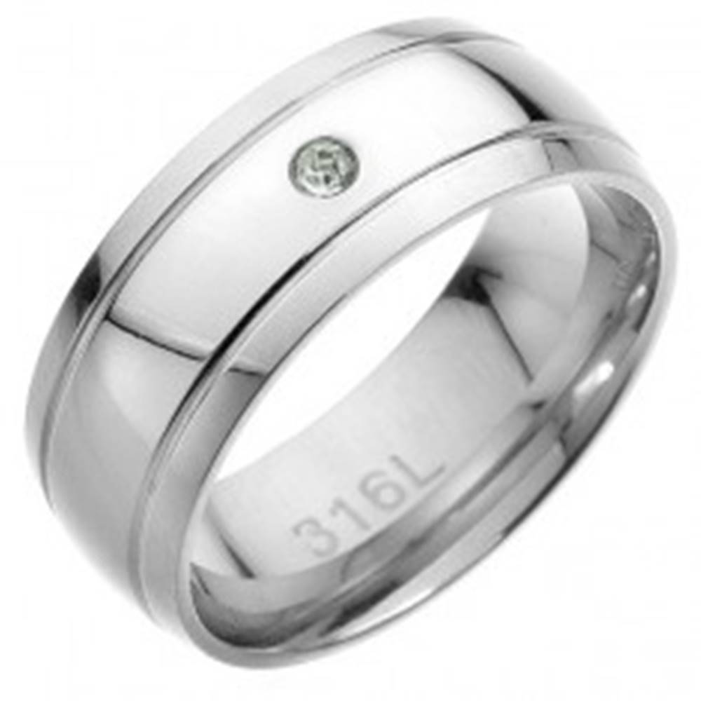 Šperky eshop Oceľový prsteň - dva rovnobežné pásy, v strede číry zirkón - Veľkosť: 57 mm