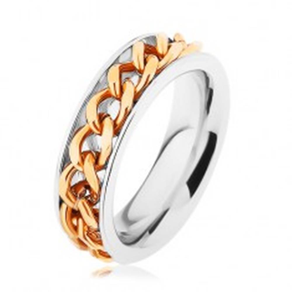 Šperky eshop Oceľový prsteň, retiazka zlatej farby, zrkadlový lesk - Veľkosť: 51 mm