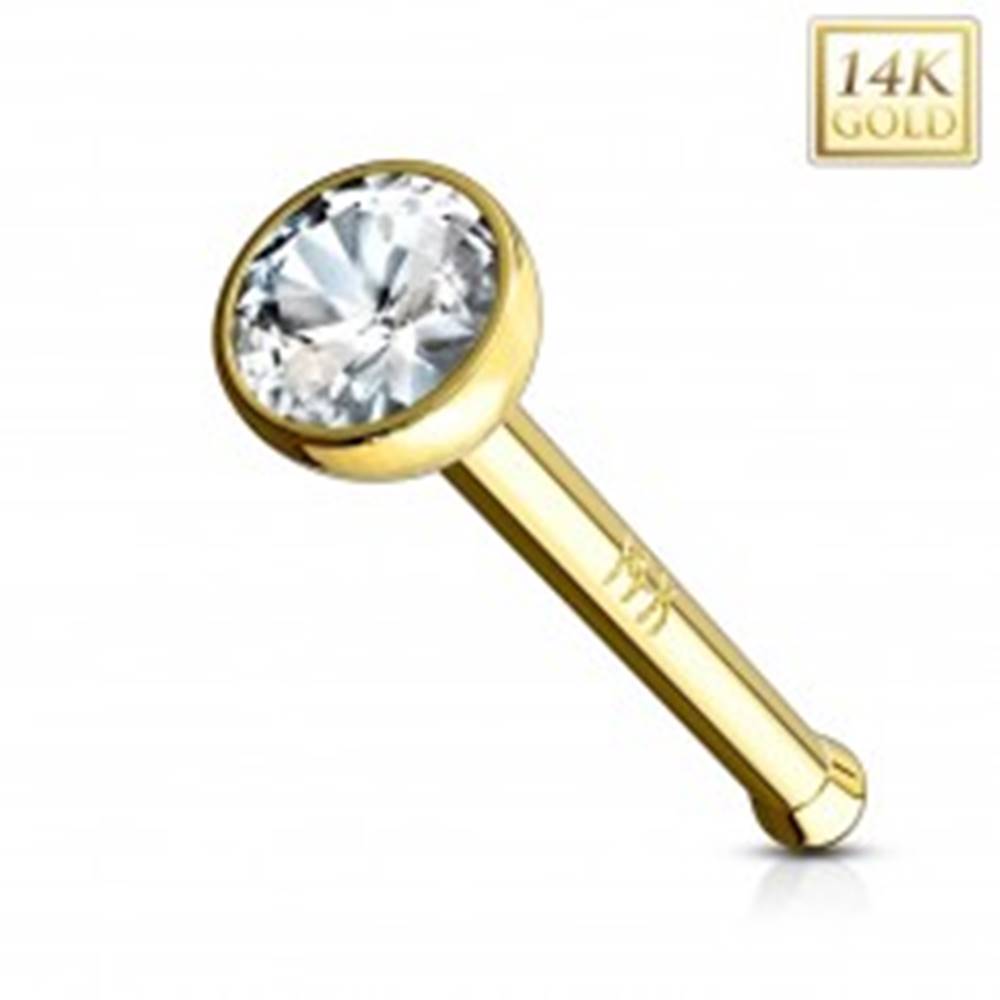 Šperky eshop Piercing do nosa zo žltého 14K zlata - rovný tvar, číry zirkón v objímke, 2 mm - Hrúbka piercingu: 0,8 mm