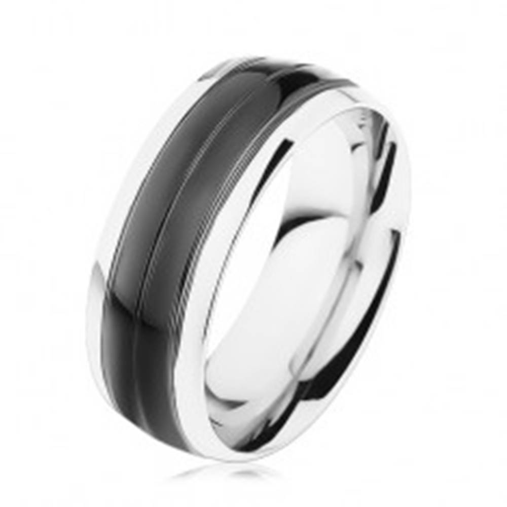 Šperky eshop Prsteň z ocele 316L, čierny pás, lemy striebornej farby, vysoký lesk - Veľkosť: 56 mm