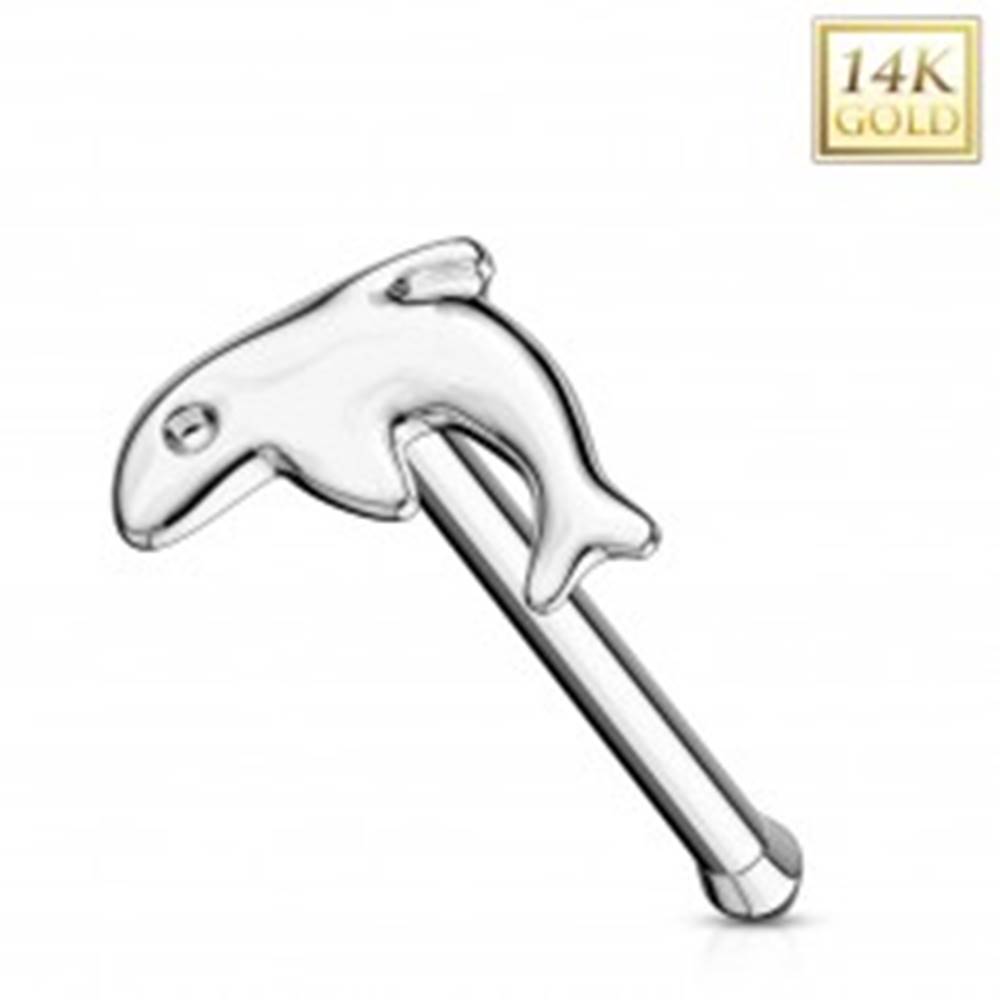 Šperky eshop Rovný piercing do nosa z bieleho zlata 585 - malý lesklý delfín