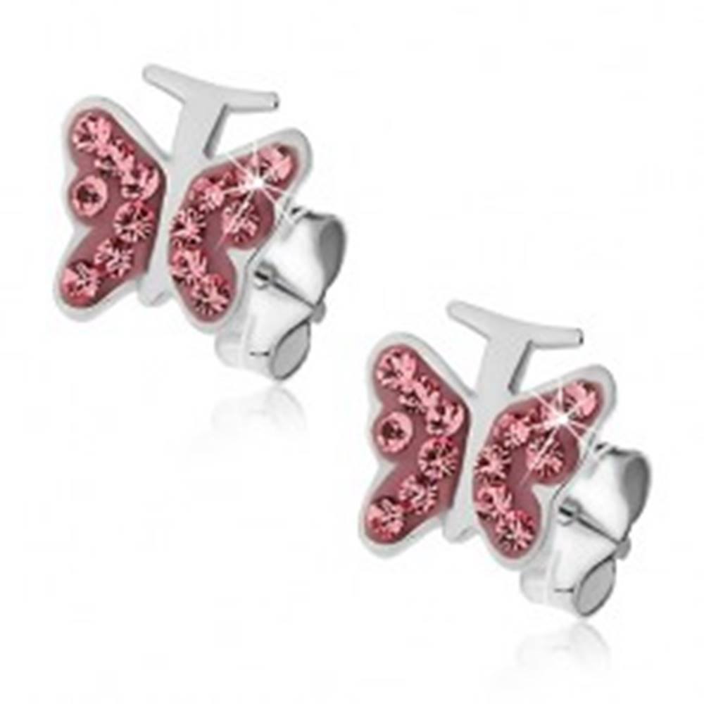 Šperky eshop Strieborné náušnice 925 - ružový motýlik so zirkónmi