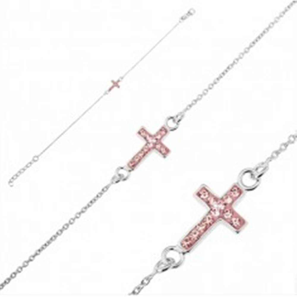 Šperky eshop Strieborný náramok 925 - krížik s ružovými zirkónmi