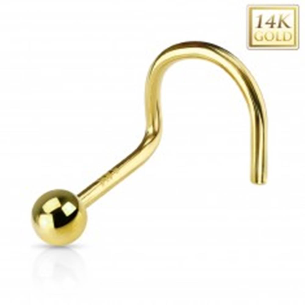 Šperky eshop Zahnutý zlatý 14K piercing do nosa - lesklá hladká gulička, žlté zlato - Hrúbka piercingu: 0,8 mm