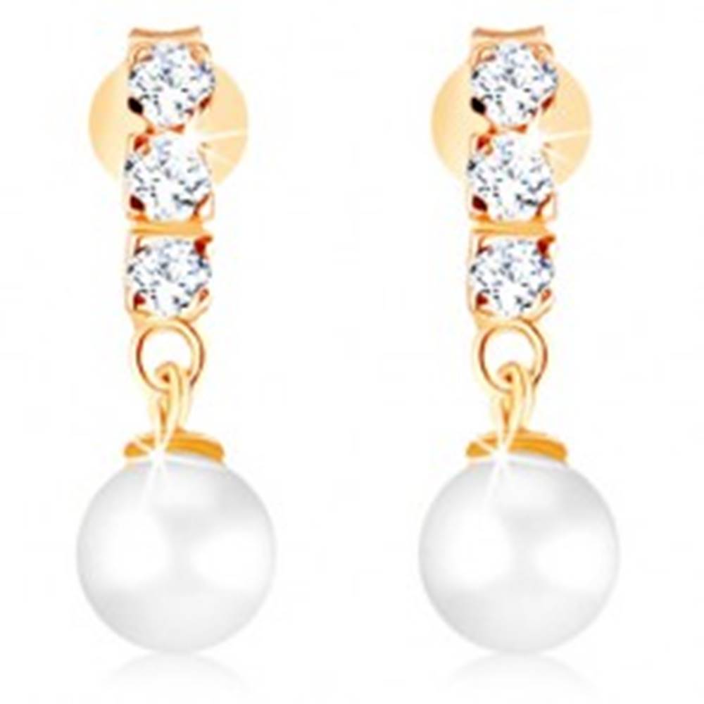 Šperky eshop Zlaté náušnice 375 - tri číre zirkóny, guľatá perla bielej farby