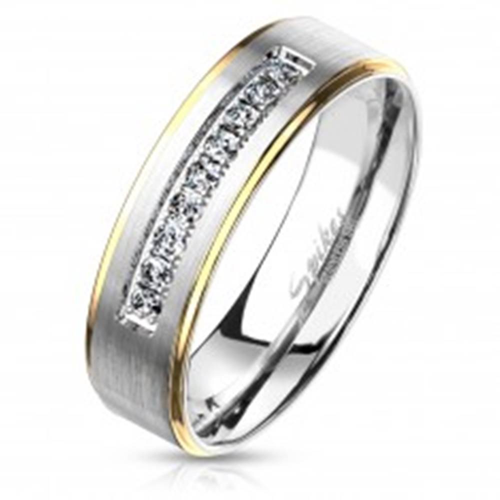 Šperky eshop Dvojfarebný oceľový prsteň, strieborný a zlatý odtieň, číre zirkóny, 6 mm - Veľkosť: 49 mm