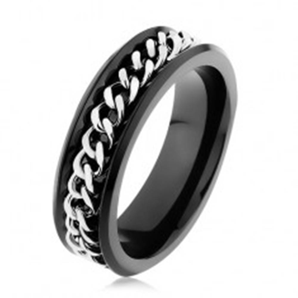 Šperky eshop Lesklý čierny prsteň z ocele 316L, retiazka v striebornom odtieni - Veľkosť: 51 mm