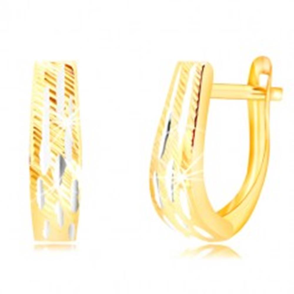 Šperky eshop Náušnice v kombinovanom zlate 585 - rozširujúci sa pás so zárezmi