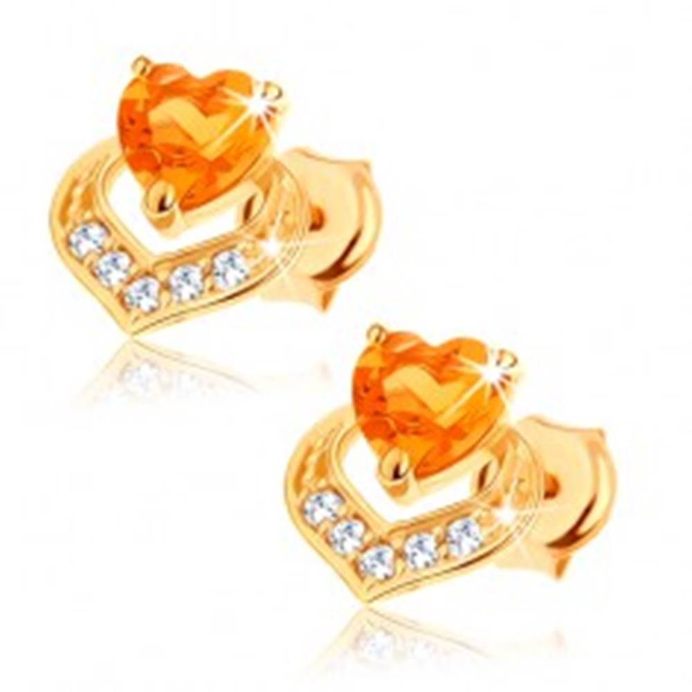 Šperky eshop Náušnice zo 14K žltého zlata - dve prekrývajúce sa srdcia, žltý citrín