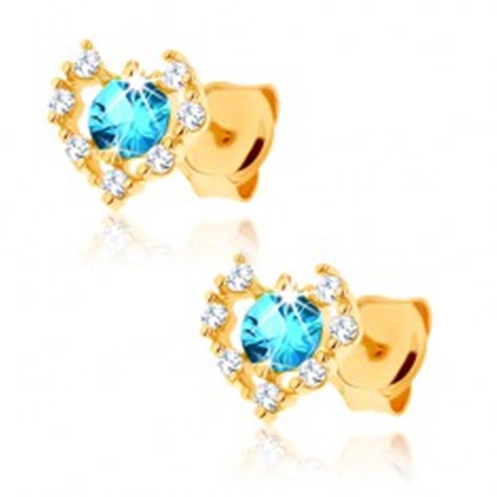 Šperky eshop Náušnice zo žltého 14K zlata - číry zirkónový obrys srdca, modrý topás