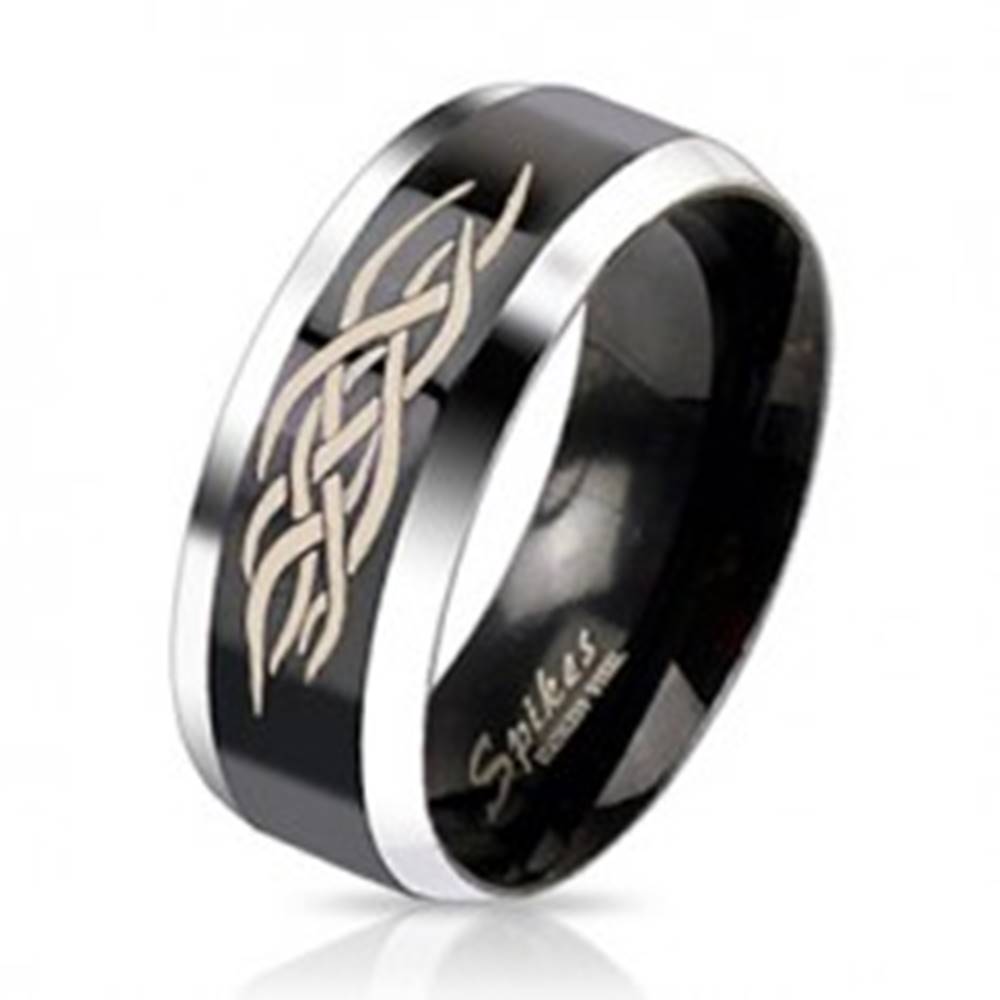 Šperky eshop Oceľový prsteň - čierny pás s ornamentom - Veľkosť: 49 mm