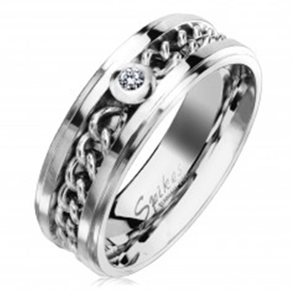 Šperky eshop Oceľový prsteň v striebornom odtieni s retiazkou a čírym zirkónom, 7 mm - Veľkosť: 49 mm