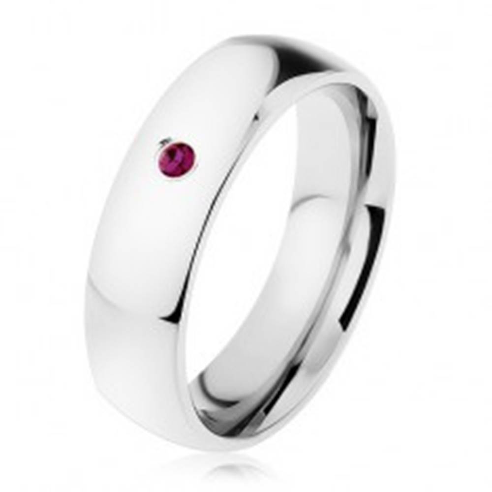 Šperky eshop Oceľový prsteň, zrkadlový lesk, fialový zirkón, hladké ramená - Veľkosť: 49 mm
