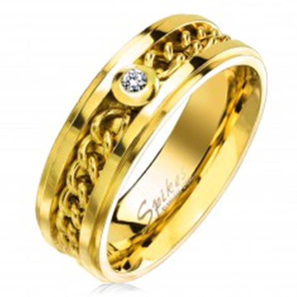 Šperky eshop Prsteň z chirurgickej ocele zlatej farby s retiazkou a čírym zirkónom, 7 mm - Veľkosť: 49 mm