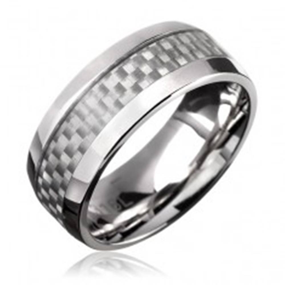 Šperky eshop Prsteň z ocele - obrúčka, biely karbónový pás - Veľkosť: 57 mm