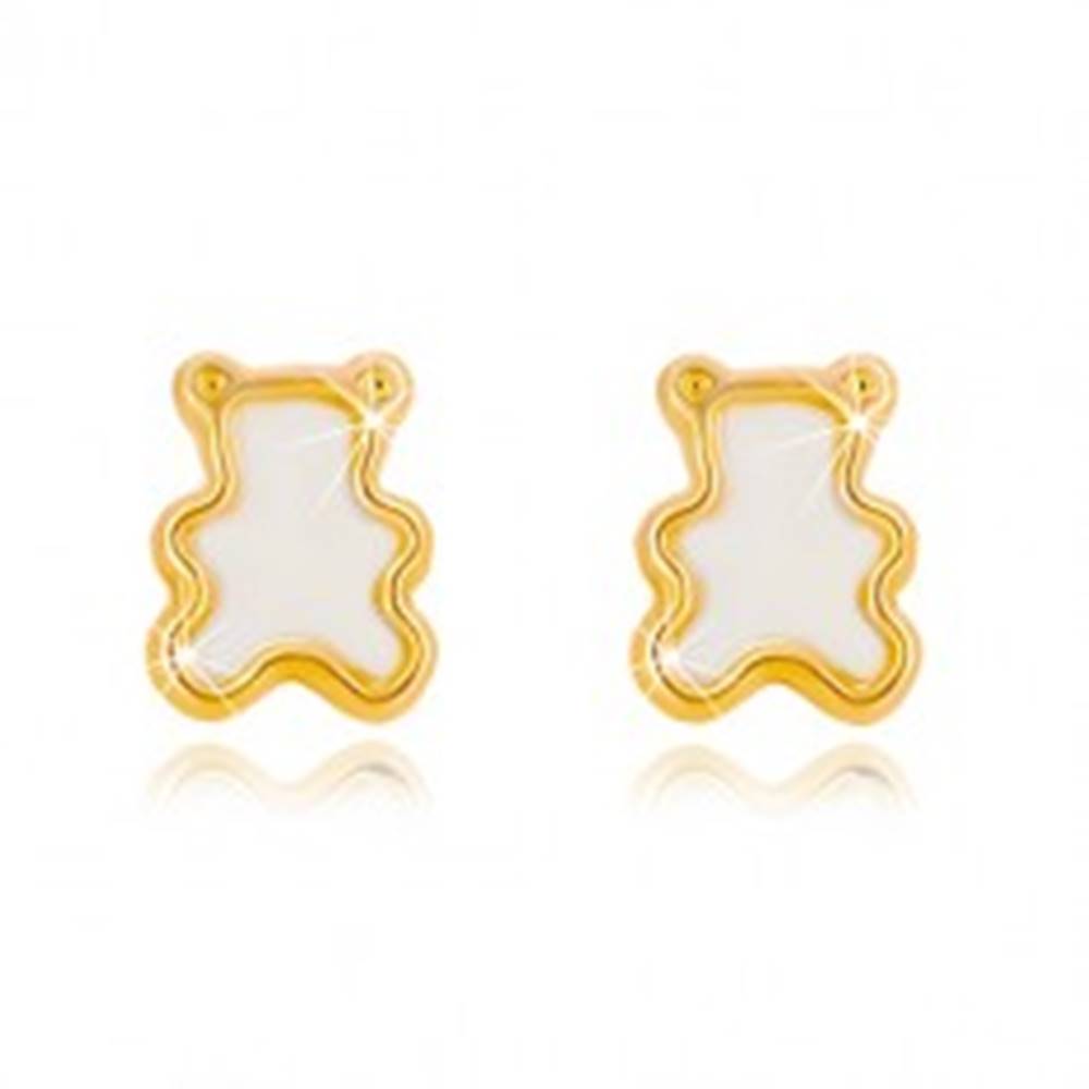 Šperky eshop Puzetové náušnice zo žltého 14K zlata s prírodnou perleťou - medvedík