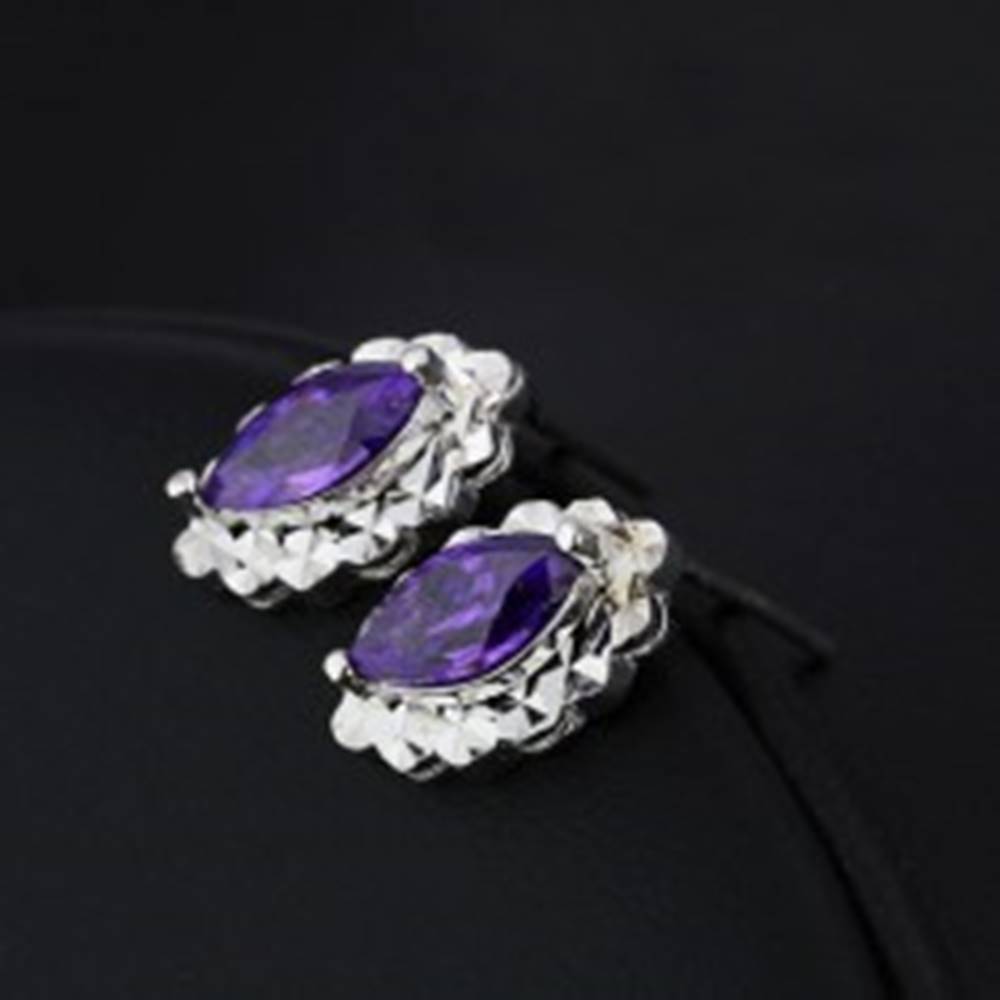 Šperky eshop Strieborné náušnice 925 - fialová slza, oválny trblietavý podklad