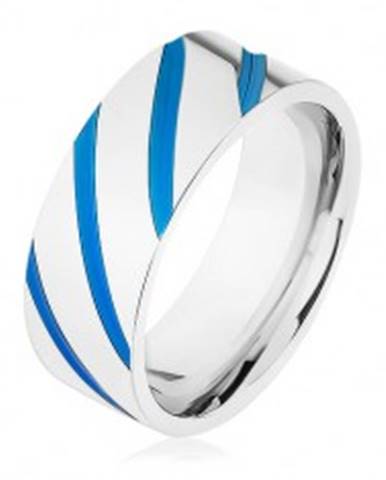 Oceľová obrúčka striebornej farby, diagonálne pásy, modrá glazúra - Veľkosť: 57 mm