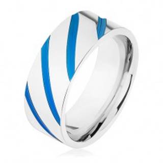 Oceľová obrúčka striebornej farby, diagonálne pásy, modrá glazúra - Veľkosť: 57 mm