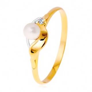 Prsteň v kombinovanom zlate 585 - zrkadlovolesklá vlnka, zirkón a perla - Veľkosť: 49 mm