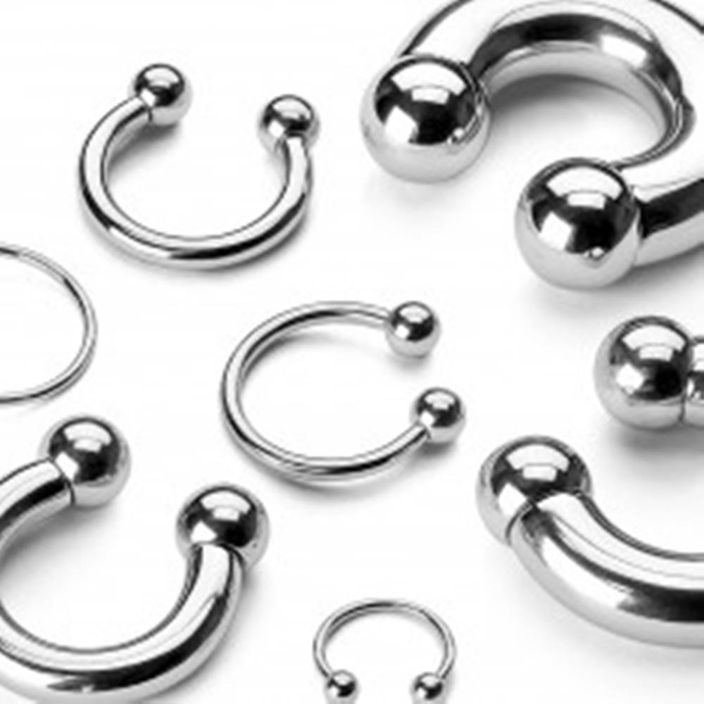 Šperky eshop Oceľový piercing 316L - jednoduchá lesklá podkova s guličkami, hrúbka 1,6 mm - Hrúbka x priemer x veľkosť guličky: 1,6 x 10 x 3 mm