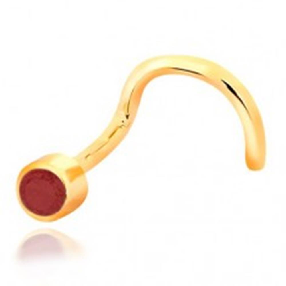 Šperky eshop Piercing do nosa zo žltého 14K zlata - zahnutý tvar, červený rubín v objímke