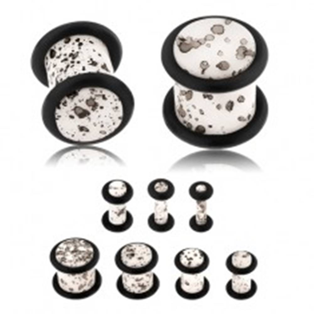 Šperky eshop Akrylový plug do ucha, povrch bielej farby s čiernymi fliačikmi, čierne gumičky - Hrúbka: 10 mm
