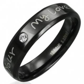 Prsteň z ocele - čierny s vyznaním lásky a čírym zirkónom - Veľkosť: 51 mm