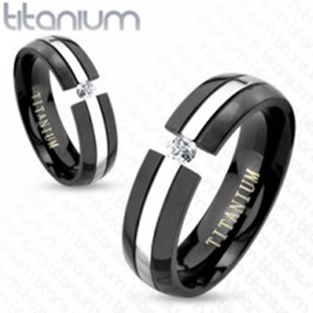 Šperky eshop Čierna titánová obrúčka, zaoblený povrch, pás striebornej farby, zirkón, 6 mm - Veľkosť: 49 mm