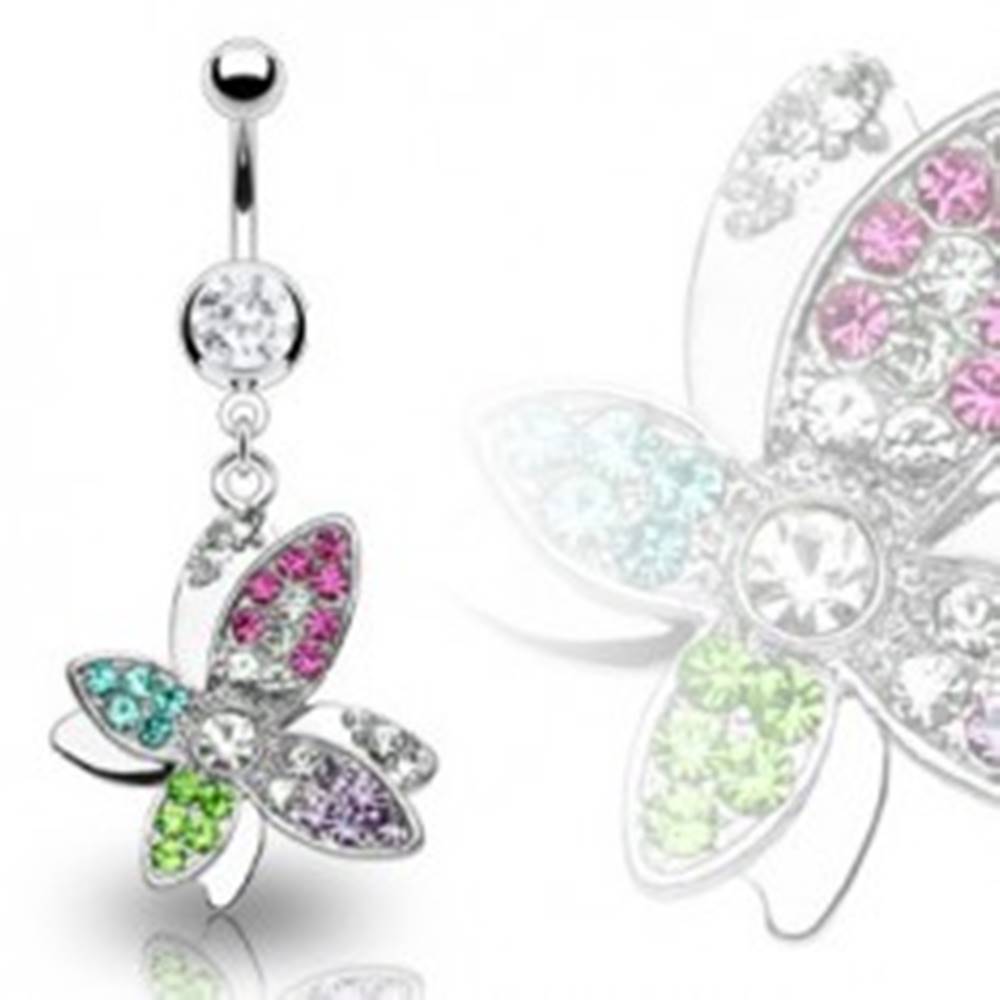 Šperky eshop Luxusný oceľový piercing bruška krásny farebný kvet vyložený zirkónmi