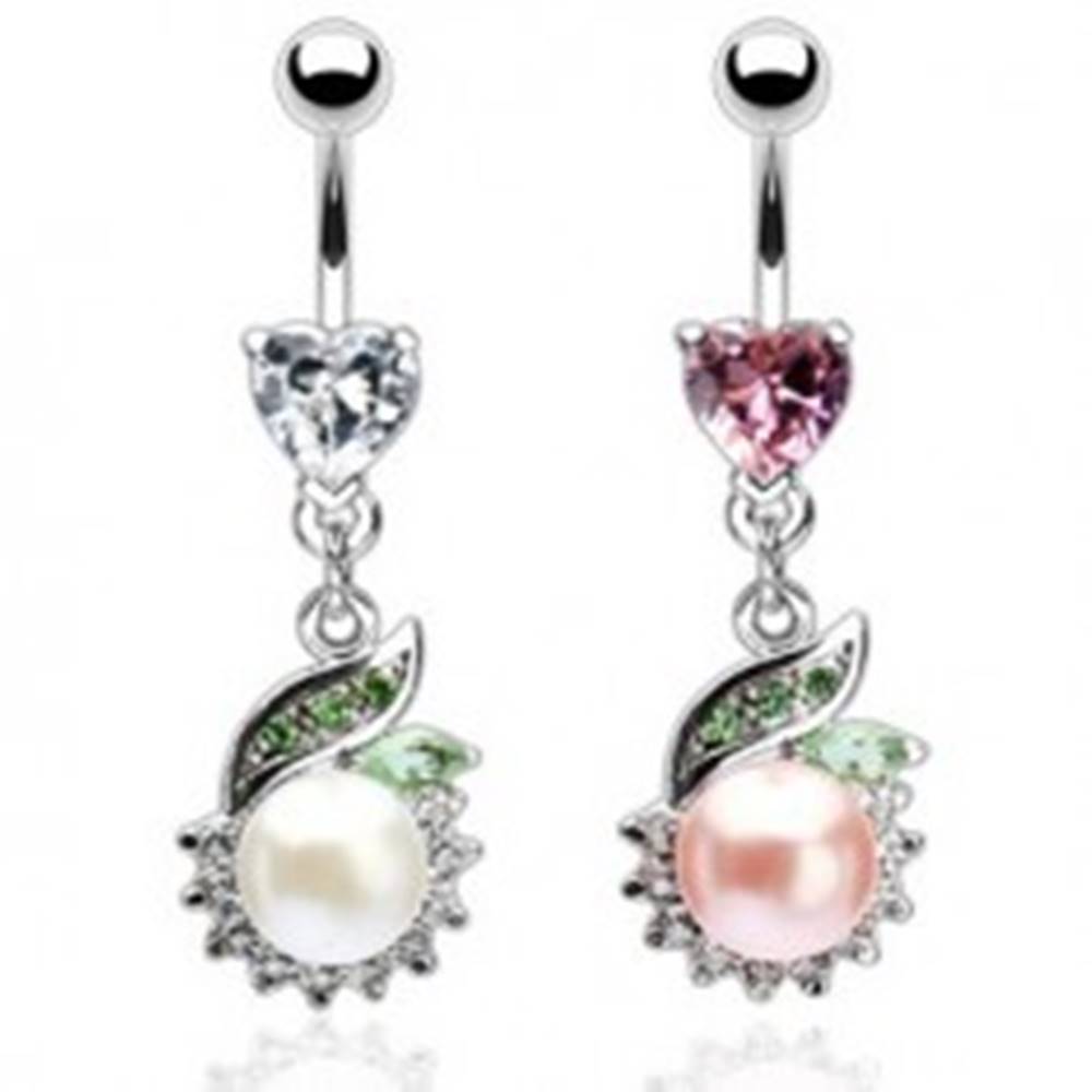 Šperky eshop Luxusný piercing brucha perla so zeleným lístkom - Farba zirkónu: Číra - C