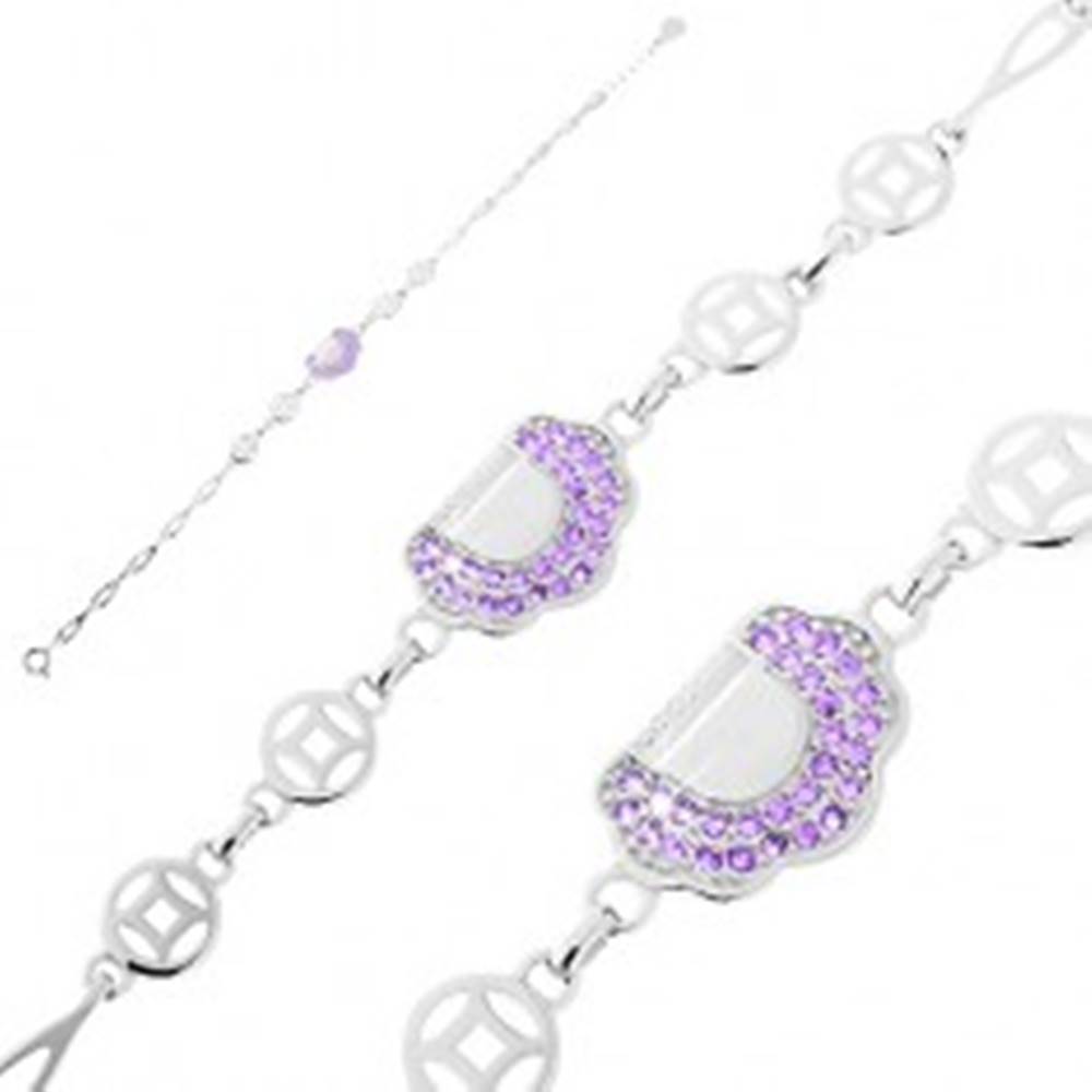 Šperky eshop Nastaviteľný náramok - striebro 925, slzičkové články, kabelka s fialovými zirkónmi